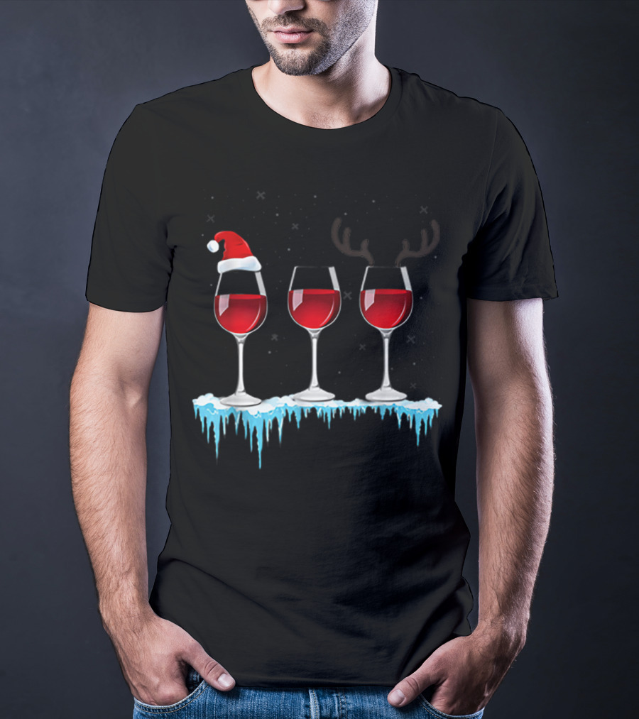 Red Wine Three Glasses Santa Hat Antlers Snow Holiday T-Shirt
