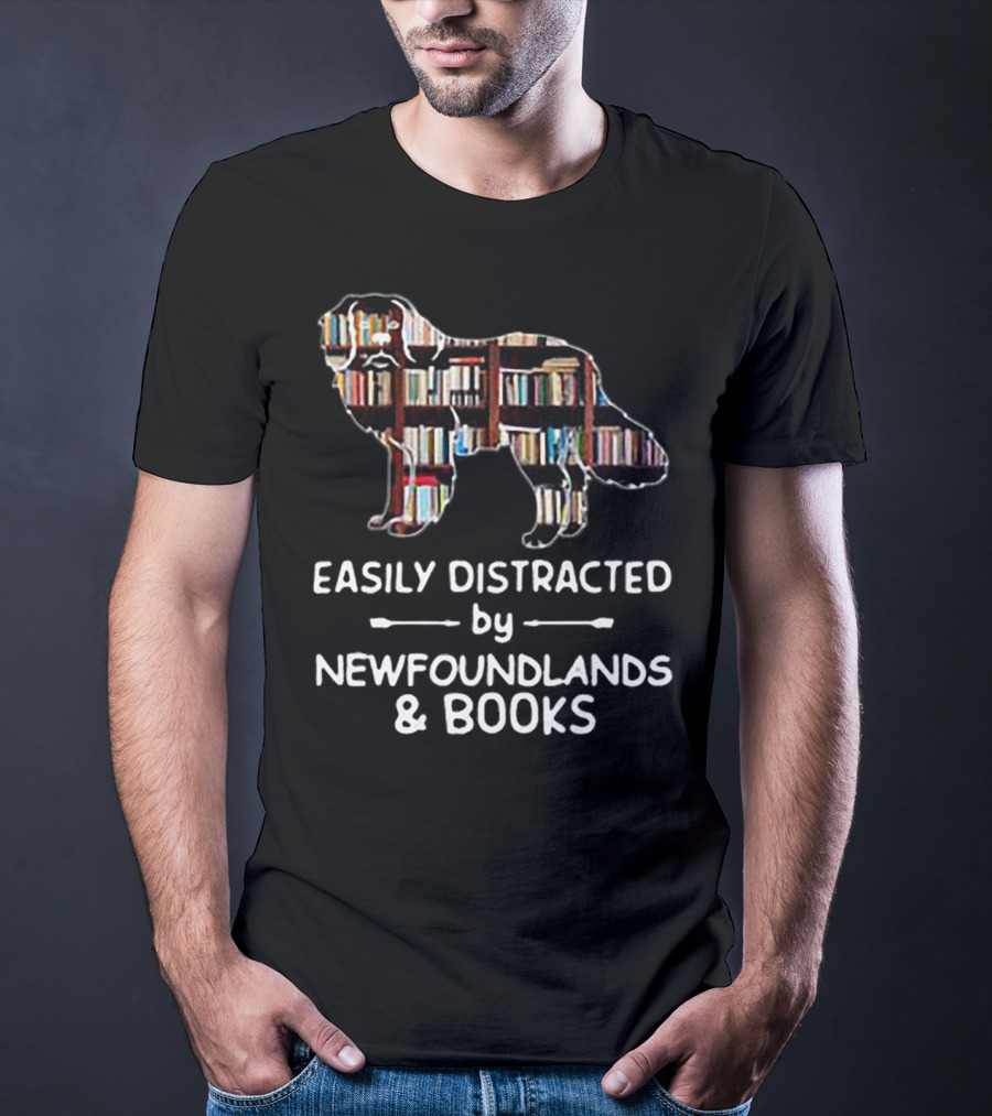 Easily Distracted By Newfoundlands And Books Silhouette Filled With Books T-Shirt