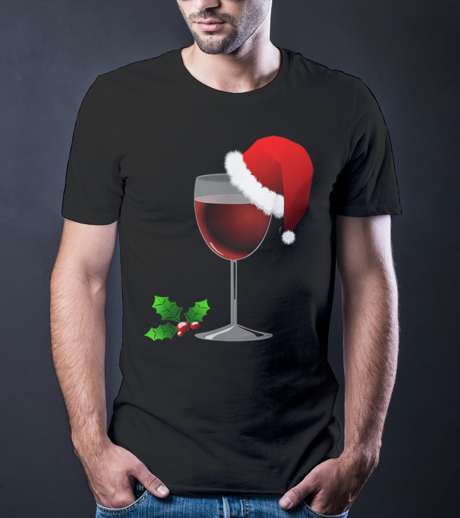 Wine Christmas Santa Hat Holly T-Shirt