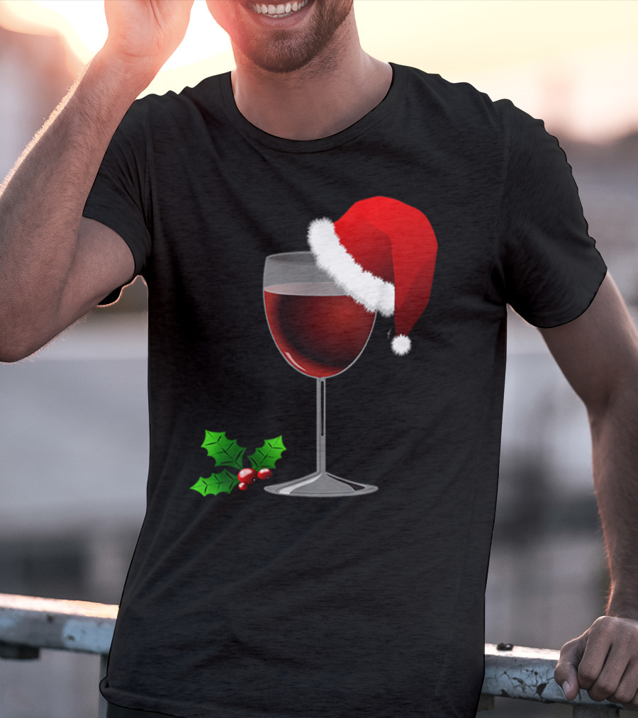 Wine Christmas Santa Hat Holly T-Shirt
