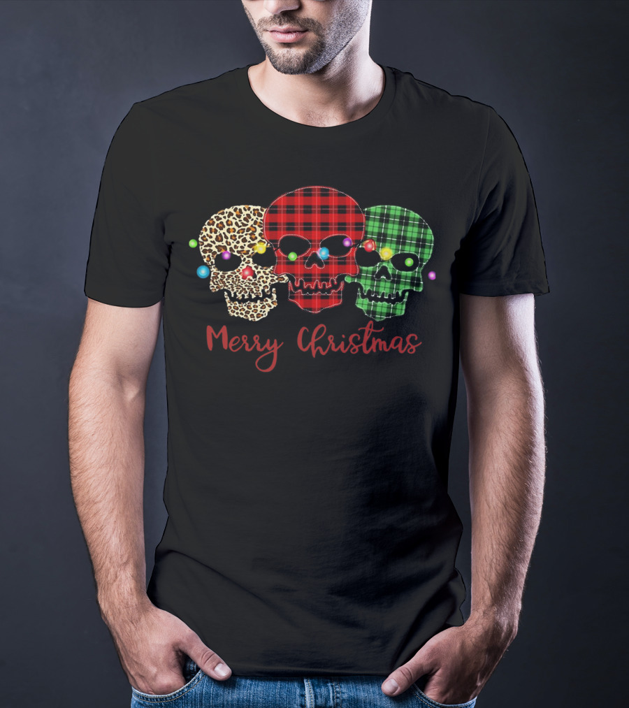 Merry Christmas Skulls Leopard Red Green Plaid Printed T-Shirt
