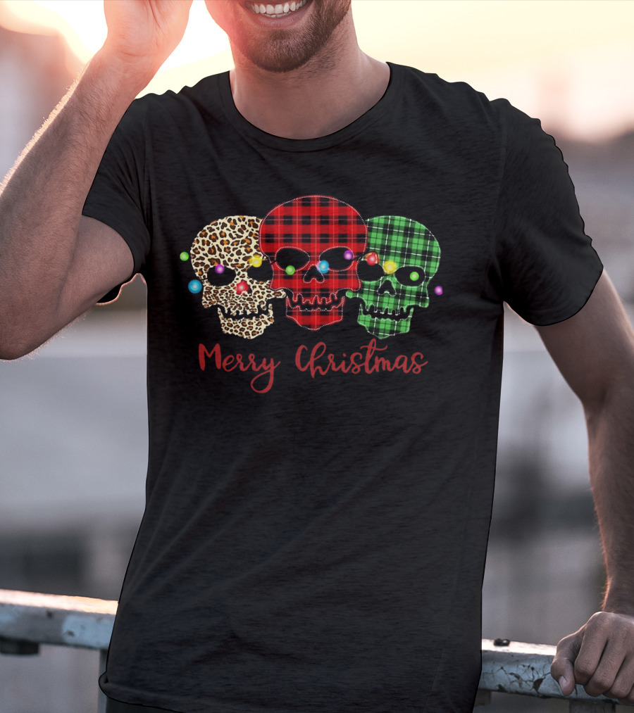 Merry Christmas Skulls Leopard Red Green Plaid Printed T-Shirt