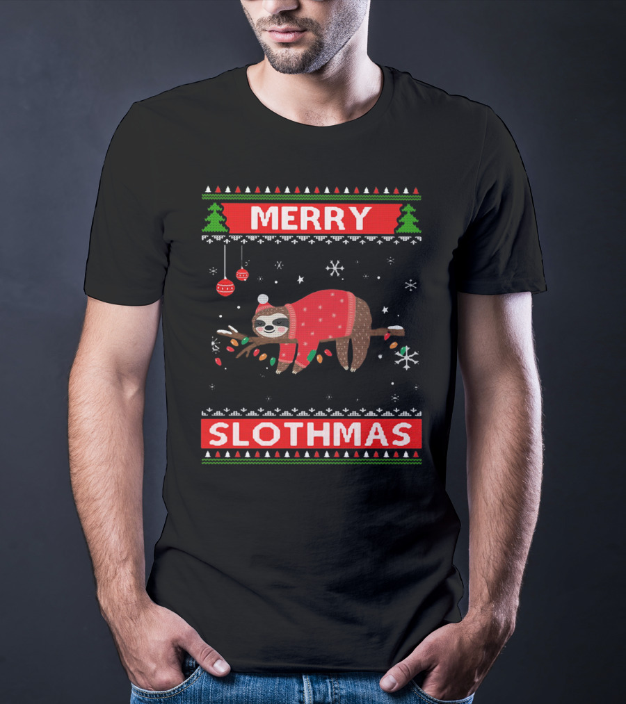 Merry Slothmas Christmas Sloth In Festive Sweater With Trees And Snowflakes T-Shirt