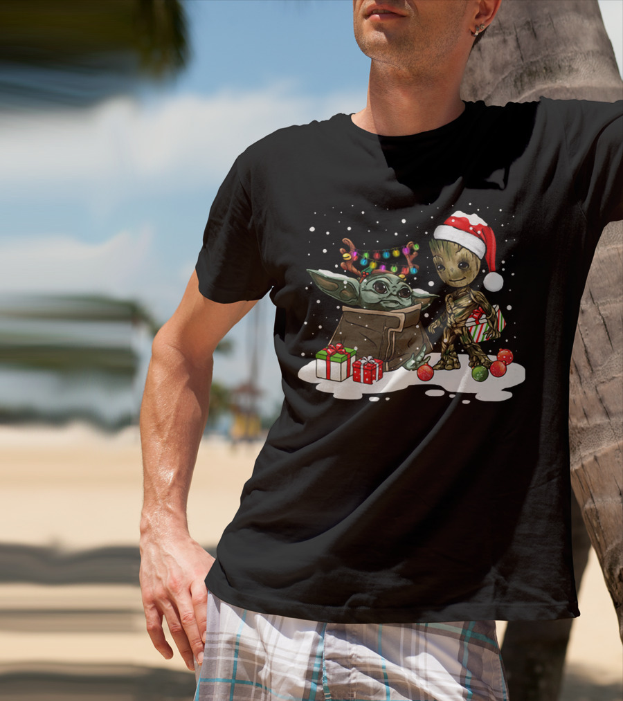 Baby Yoda And Baby Groot Christmas Santa Hat Lights T-Shirt