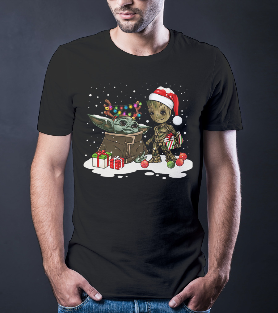 Baby Yoda And Baby Groot Christmas Santa Hat Lights T-Shirt