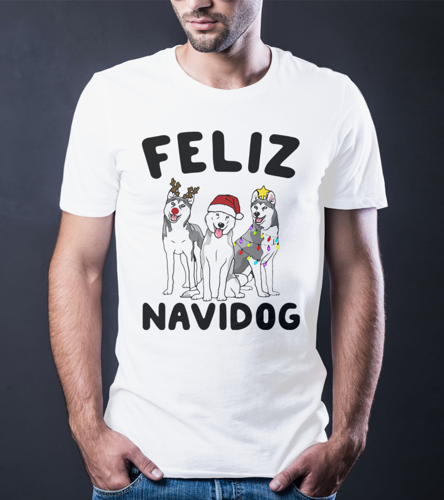 Feliz Navidog Husky Reindeer Santa Lights T-Shirt