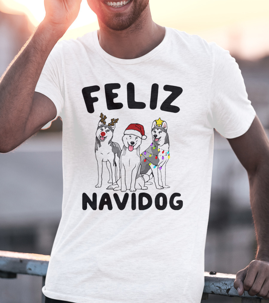 Feliz Navidog Husky Reindeer Santa Lights T-Shirt