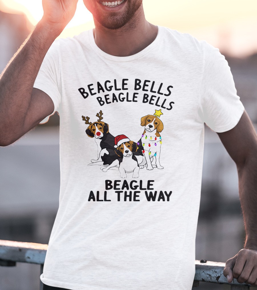 Beagle Bells Beagle All The Way Christmas Theme With Santa Hat And Reindeer Antlers T-Shirt