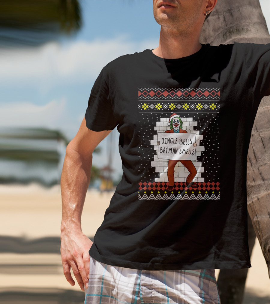 Jingle Bells Batman Smells Joker In Santa Hat Ugly Christmas T-Shirt