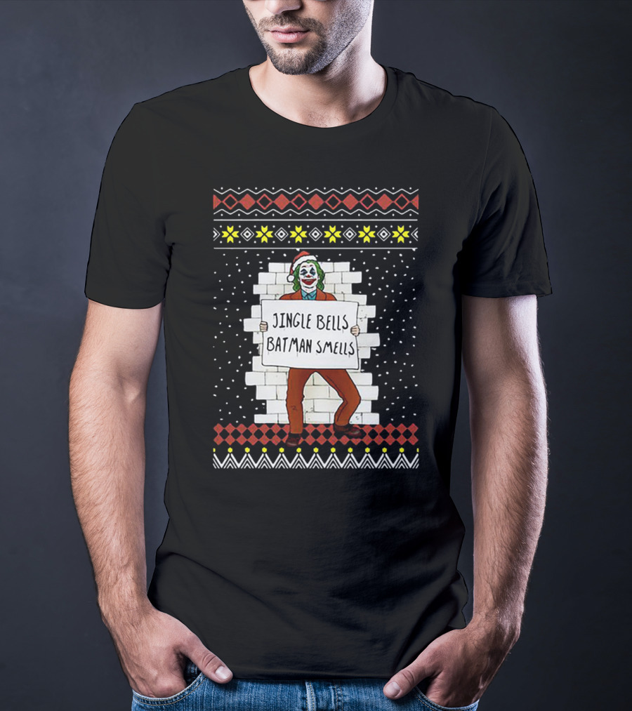 Jingle Bells Batman Smells Joker In Santa Hat Ugly Christmas T-Shirt