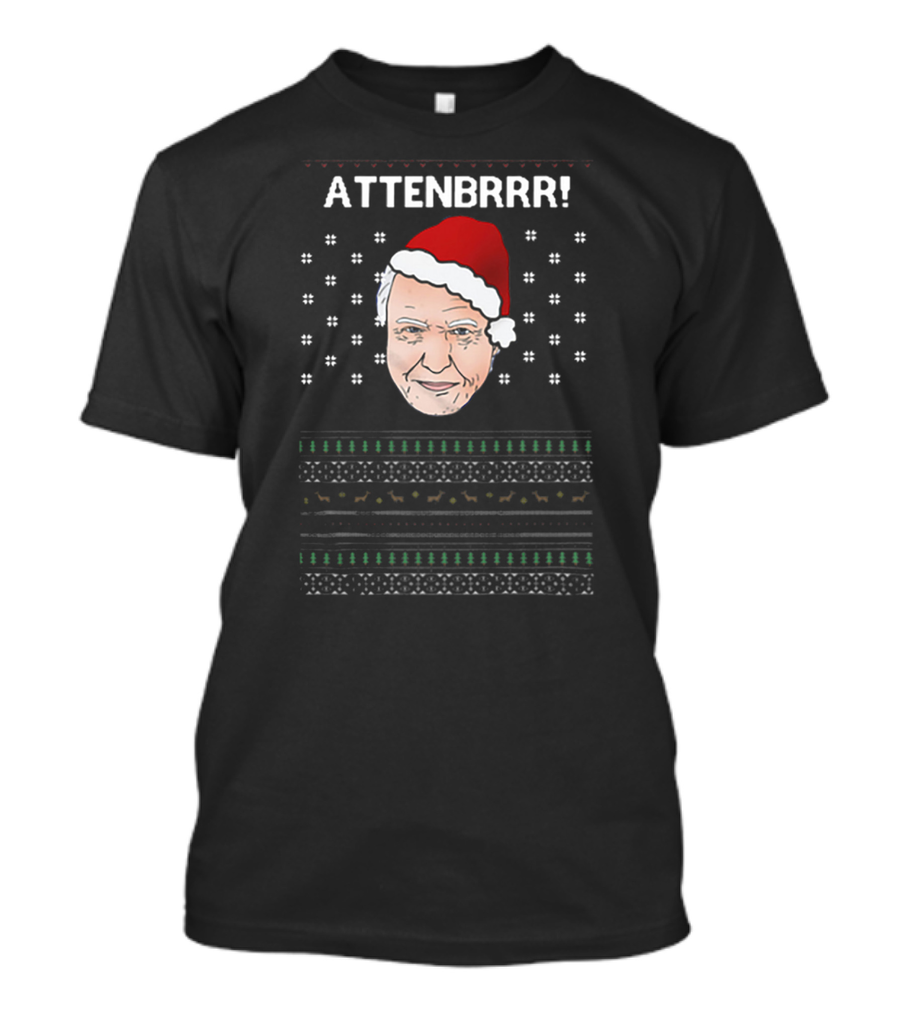 David Attenborough Attenbrrr Christmas Sweater Style Santa Hat Snowflakes T-Shirt