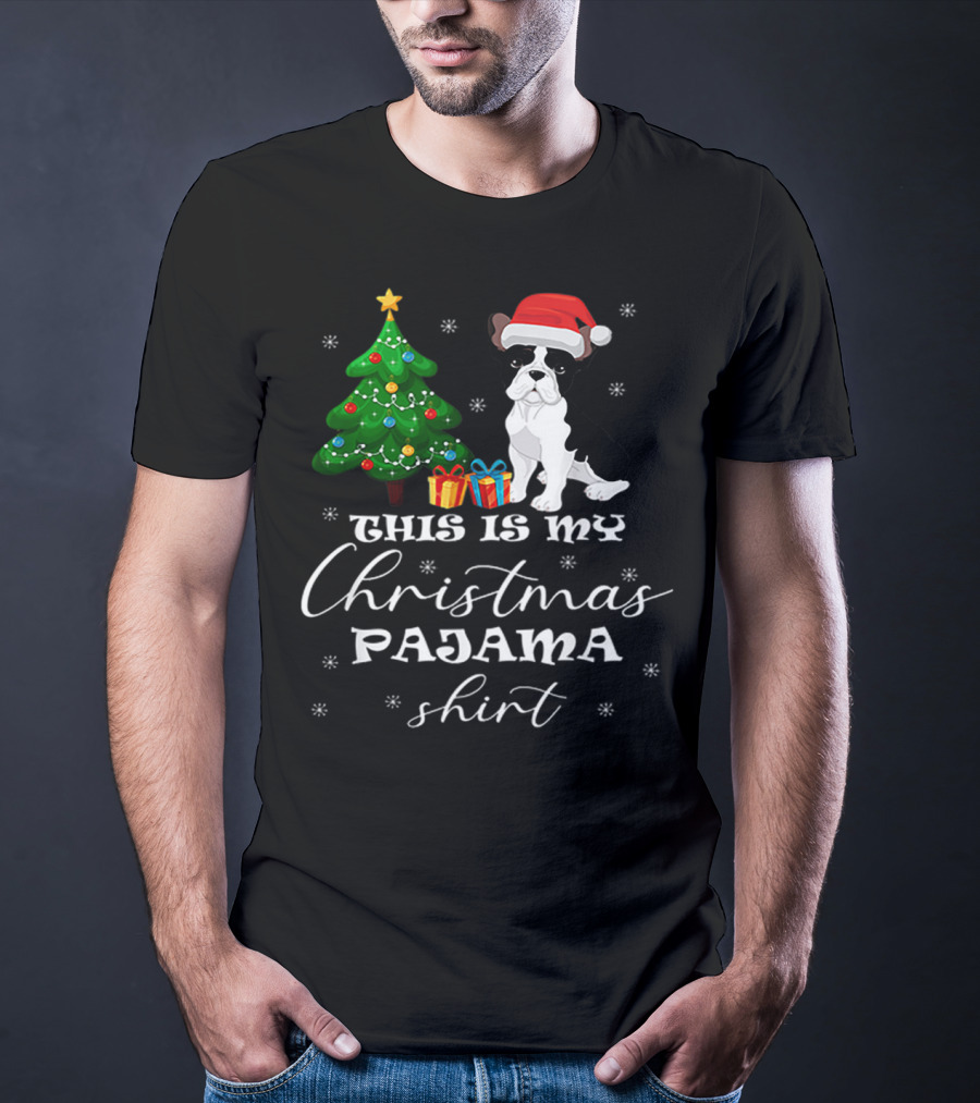 This Is My Christmas Pajama Shirt Bulldog Santa Hat Christmas Tree Presents T-Shirt
