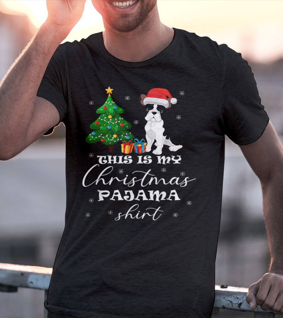 This Is My Christmas Pajama Shirt Bulldog Santa Hat Christmas Tree Presents T-Shirt