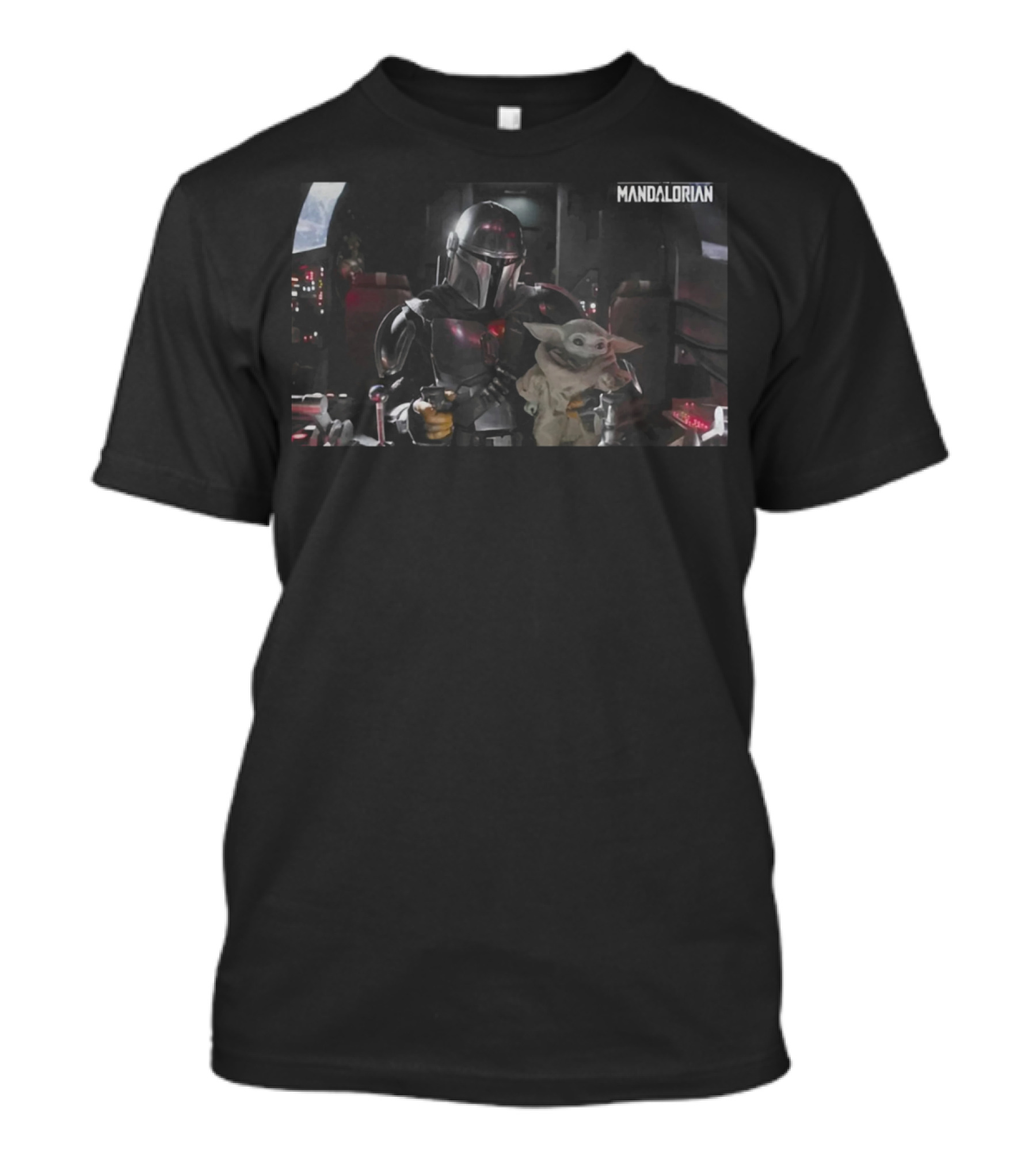 Mandalorian Holding Baby Yoda In Starship Scene T-Shirt