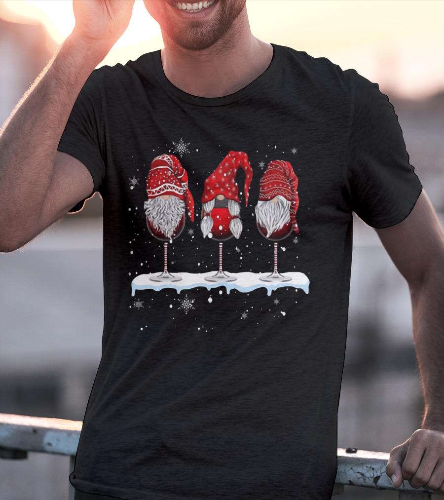Wine Glasses Gnomies Holiday Snowflakes Gnome Trio T-Shirt