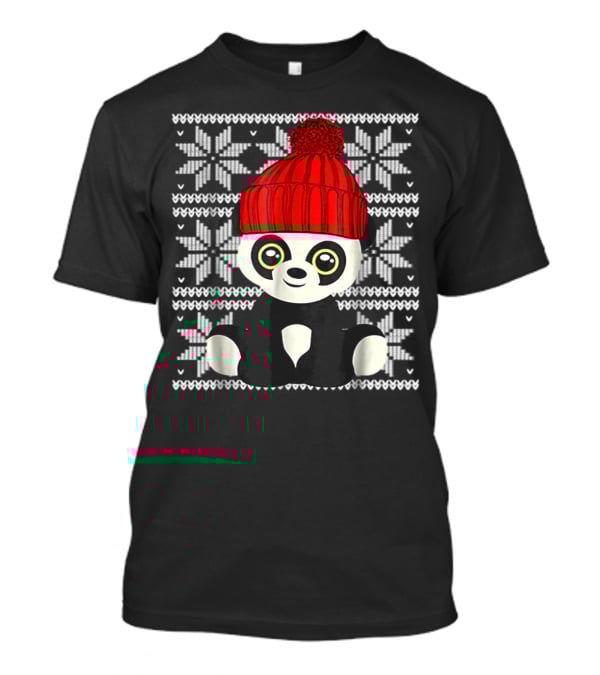Ugly Sweater Christmas Panda Bear With Red Knit Hat T-Shirt