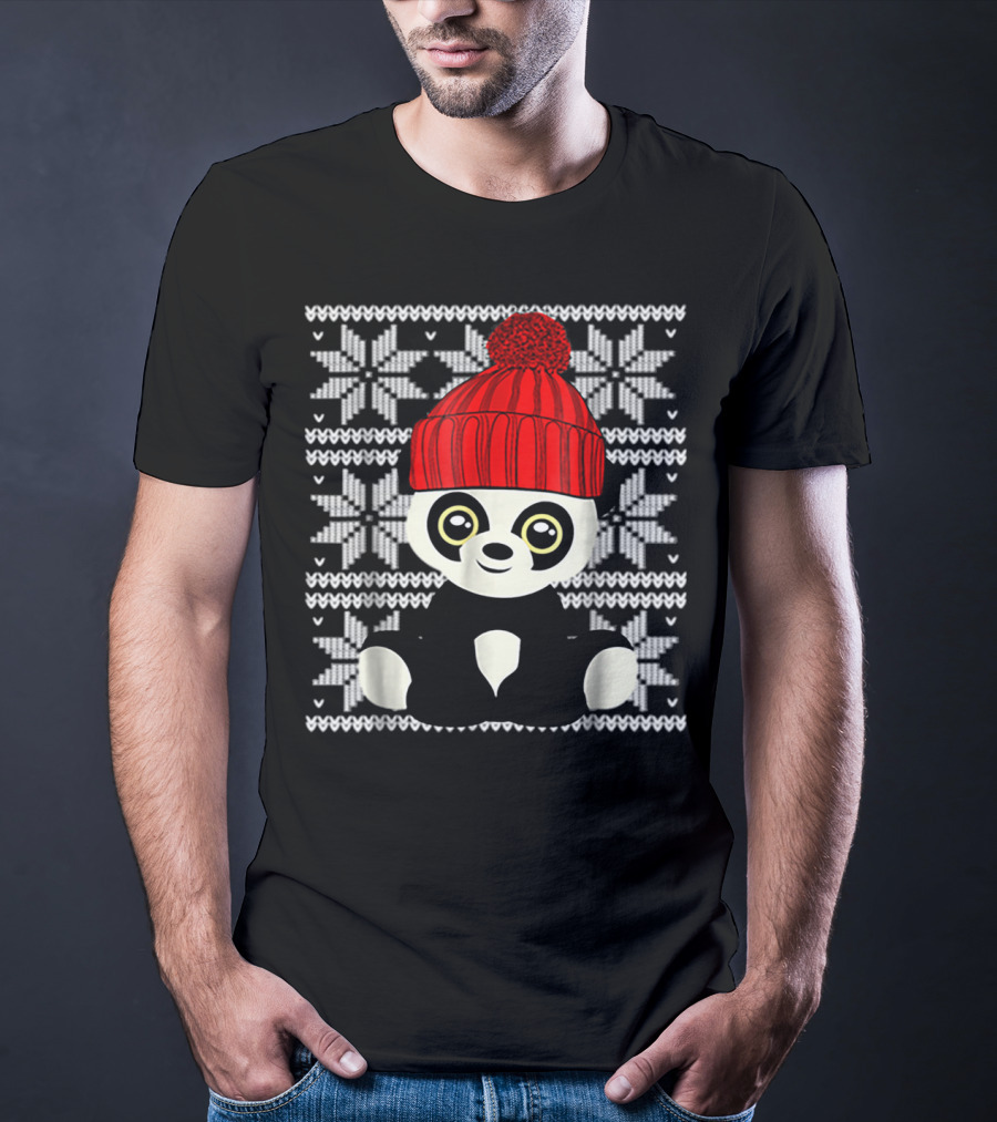 Ugly Sweater Christmas Panda Bear With Red Knit Hat T-Shirt