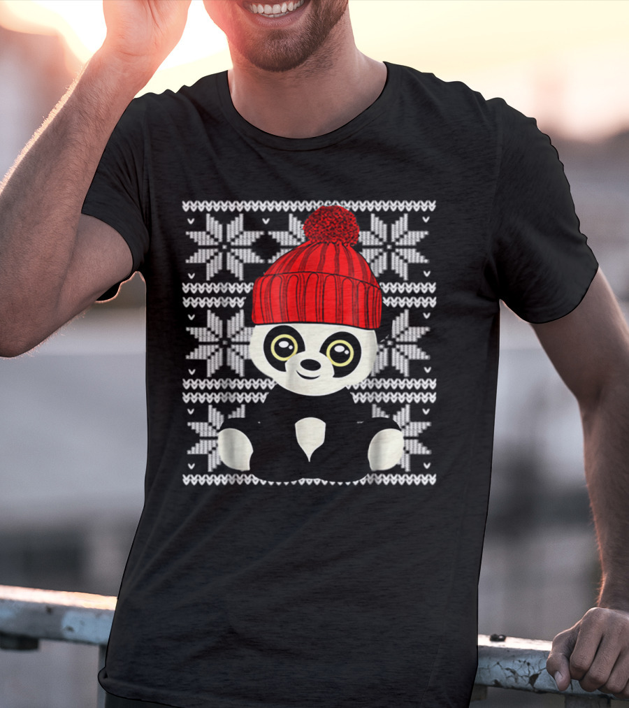 Ugly Sweater Christmas Panda Bear With Red Knit Hat T-Shirt