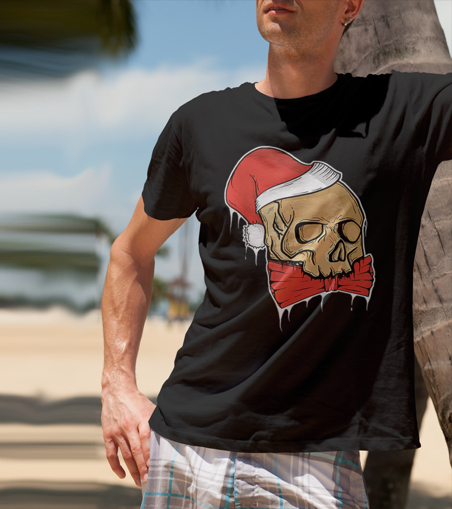 Vintage Skull Christmas Santa Hat Bow T-Shirt