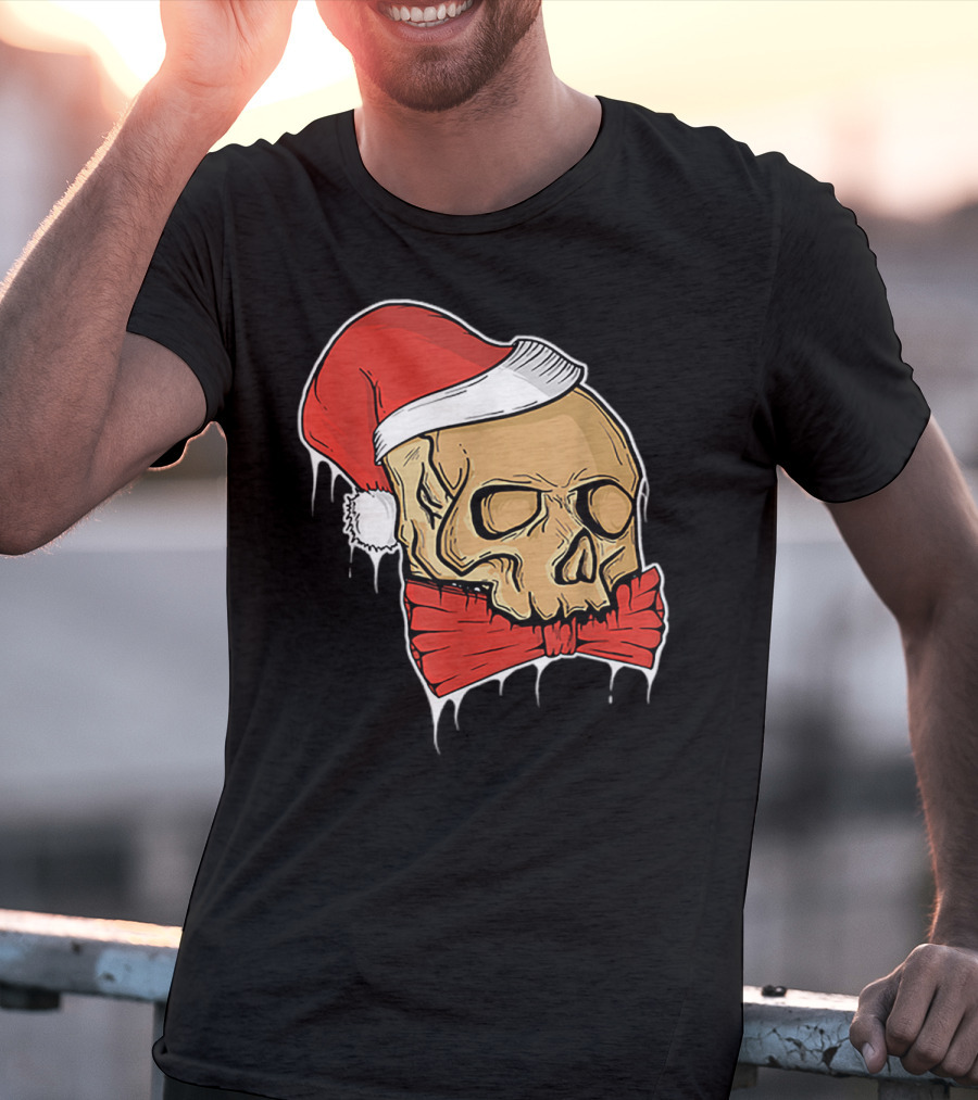 Vintage Skull Christmas Santa Hat Bow T-Shirt