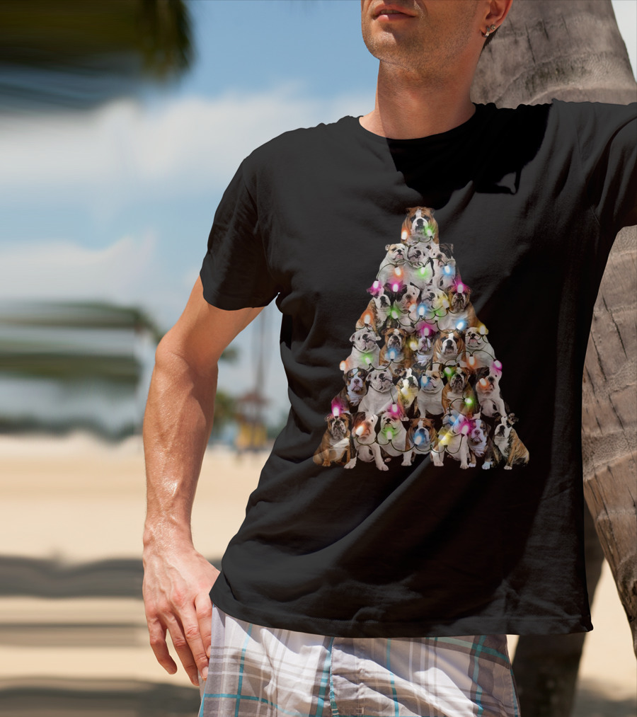 Bulldog Christmas Tree Festive Lights Pyramid T-Shirt