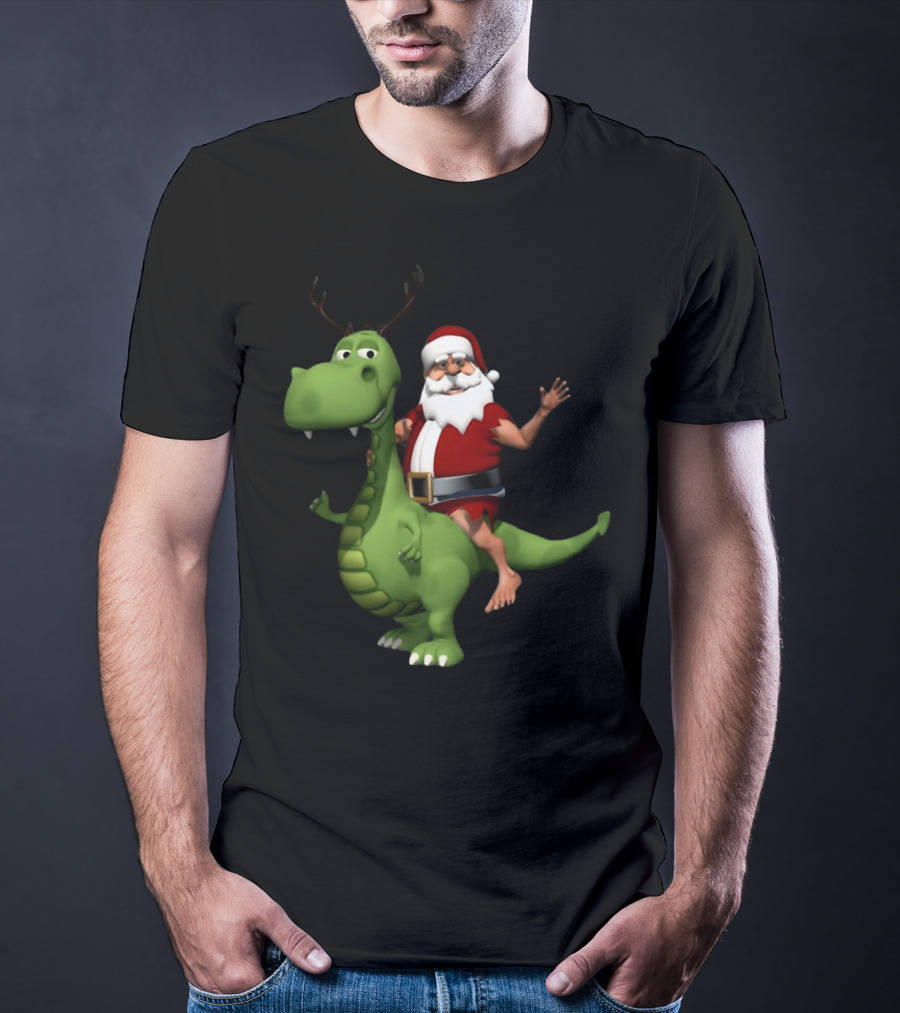 Santa Riding Rex Dinosaur Reindeer Christmas Holiday Fun T-Shirt