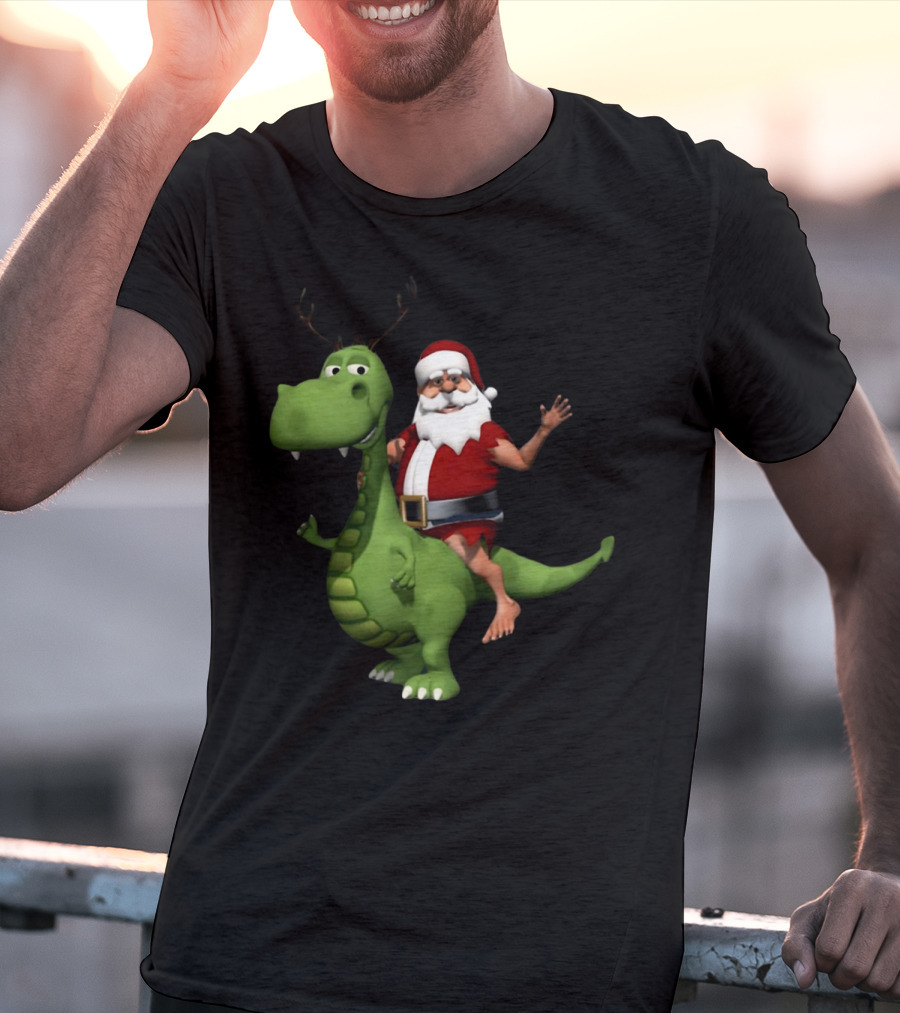 Santa Riding Rex Dinosaur Reindeer Christmas Holiday Fun T-Shirt