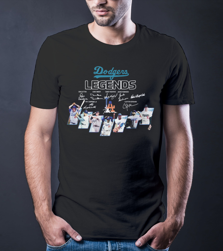Dodgers Legends Don Sutton Duke Snider Sandy Koufax Jackie Robinson Roy Campanella Kirk Gibson Clayton Kershaw Signatures T-Shirt