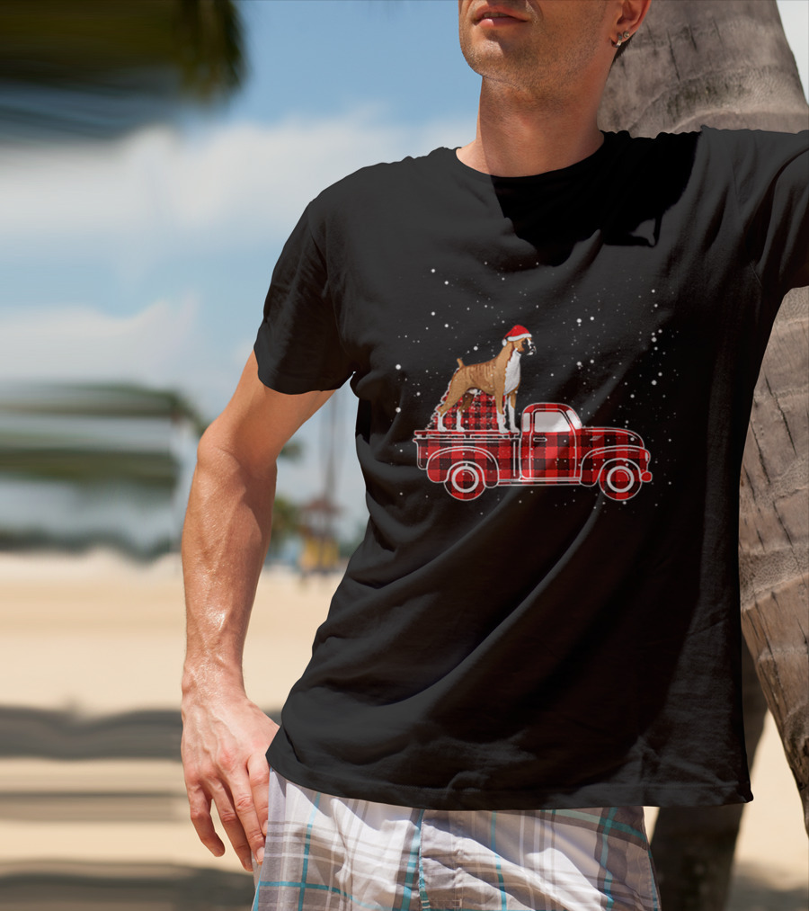 Boxer Buffalo Plaid Truck Xmas Santa Hat Snow T-Shirt