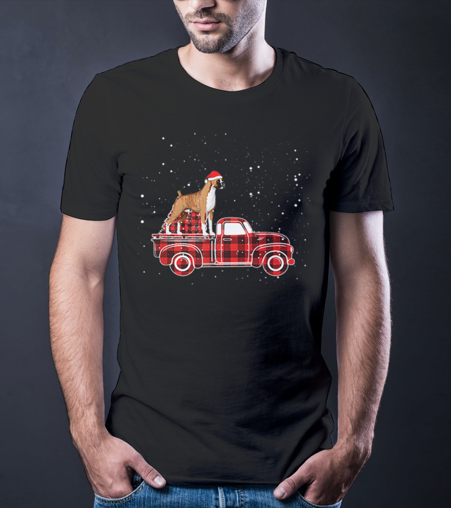 Boxer Buffalo Plaid Truck Xmas Santa Hat Snow T-Shirt
