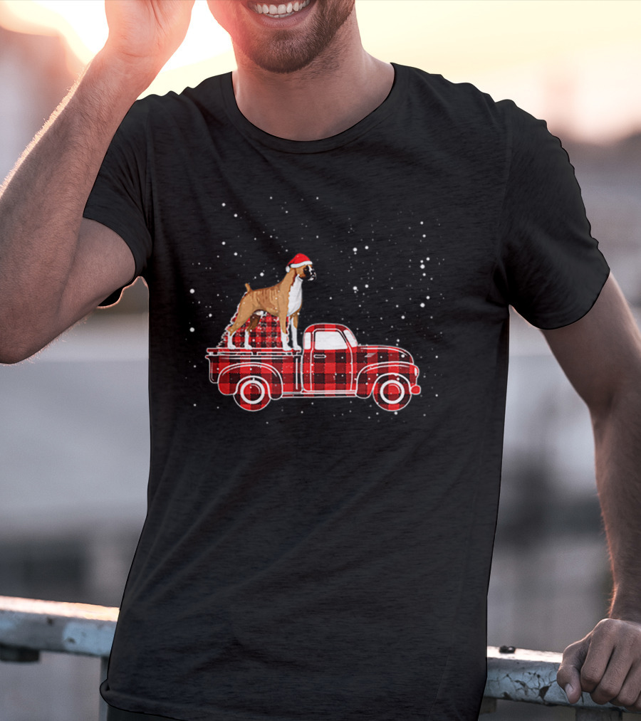 Boxer Buffalo Plaid Truck Xmas Santa Hat Snow T-Shirt
