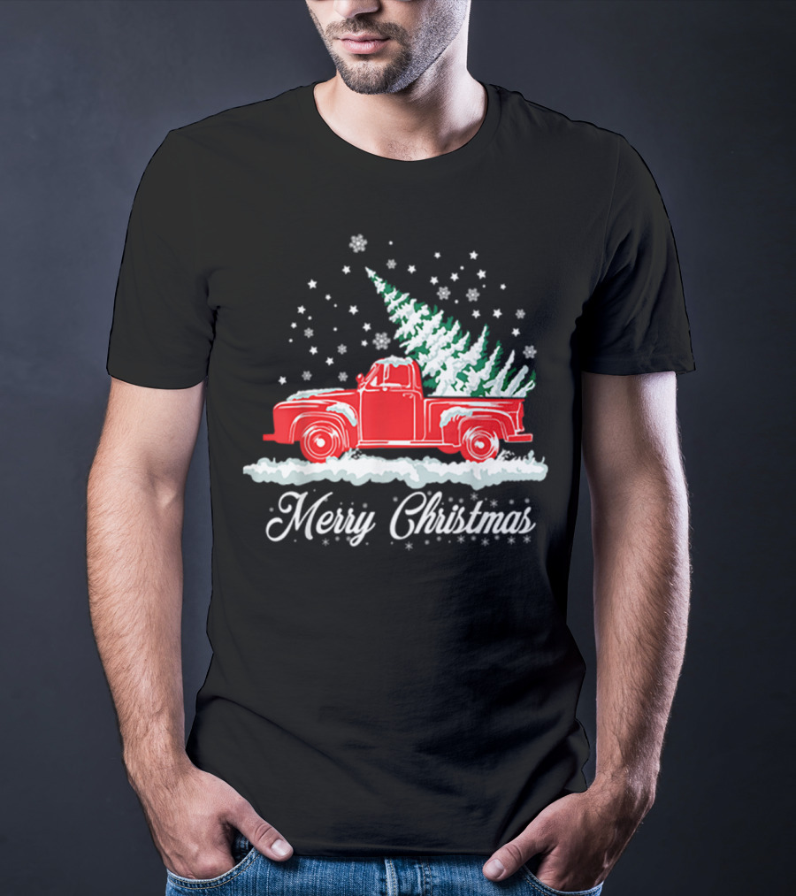 Merry Christmas Classic Old Red Truck With XMAS Tree Snowflakes T-Shirt