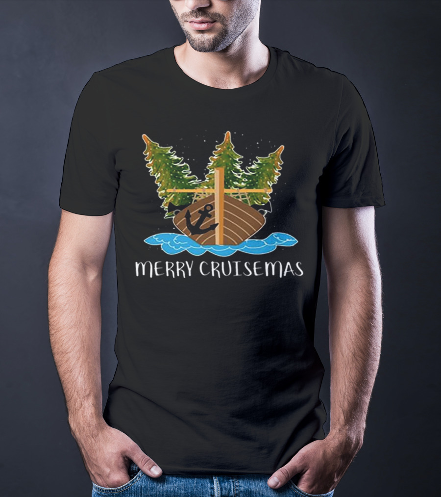 Merry Cruisemas Christmas Cruise Ship With Anchor And Festive Trees T-Shirt