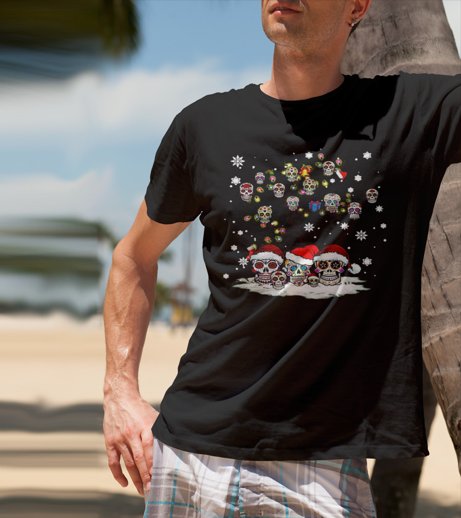 Christmas Sugar Skull Tree With Santa Hats And Snowflakes T-Shirt
