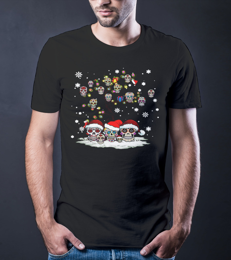 Christmas Sugar Skull Tree With Santa Hats And Snowflakes T-Shirt