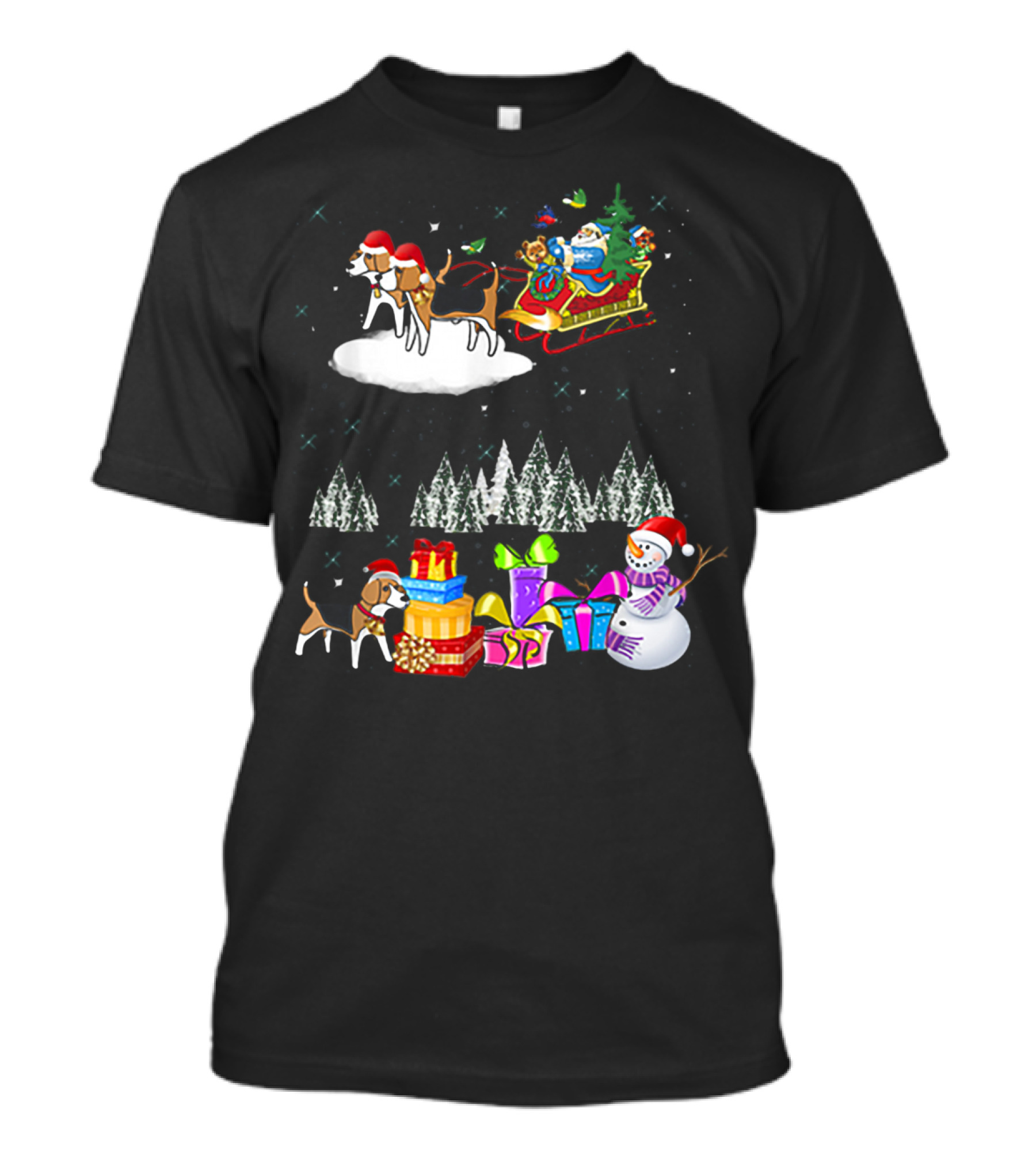 Beagle Reindeer Christmas Santa Sleigh Snowman Presents Trees Moon T-Shirt