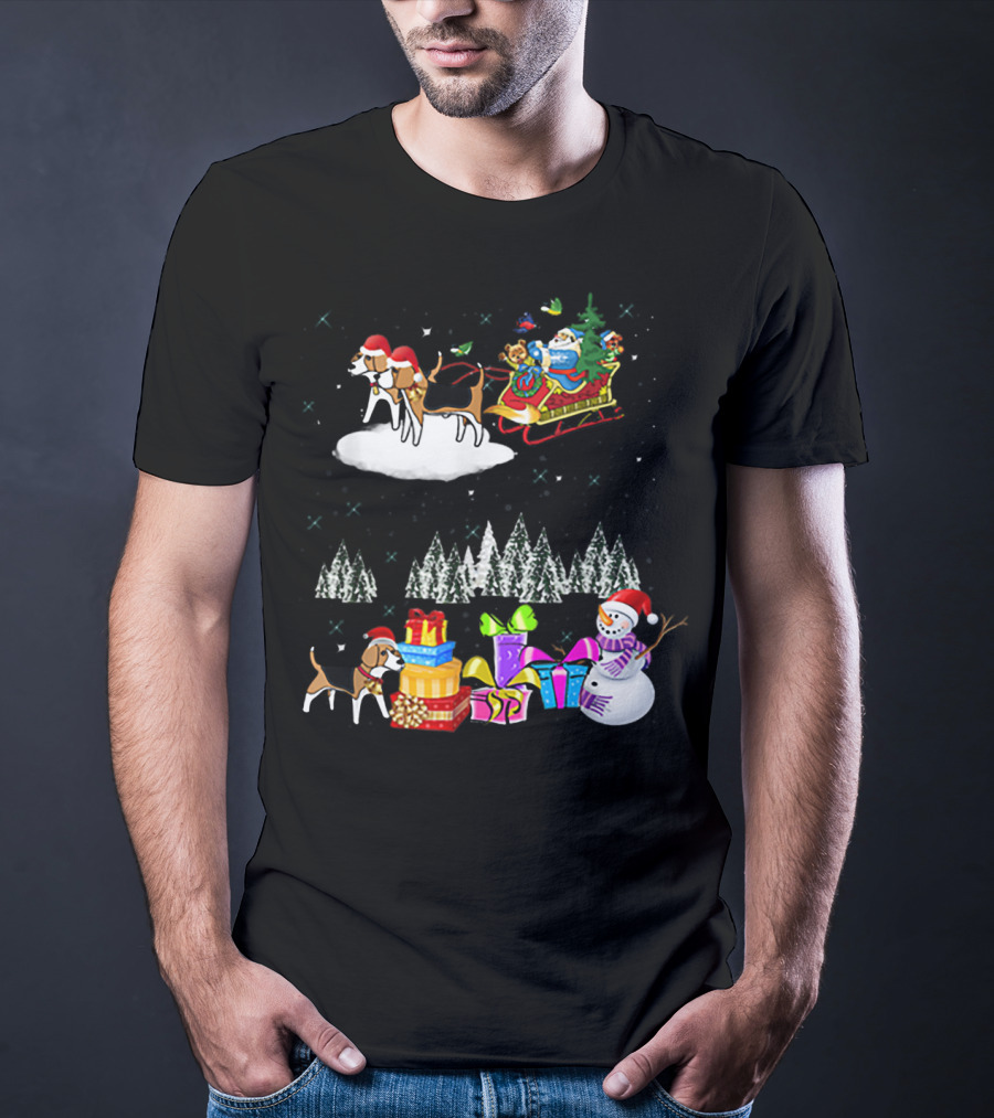 Beagle Reindeer Christmas Santa Sleigh Snowman Presents Trees Moon T-Shirt