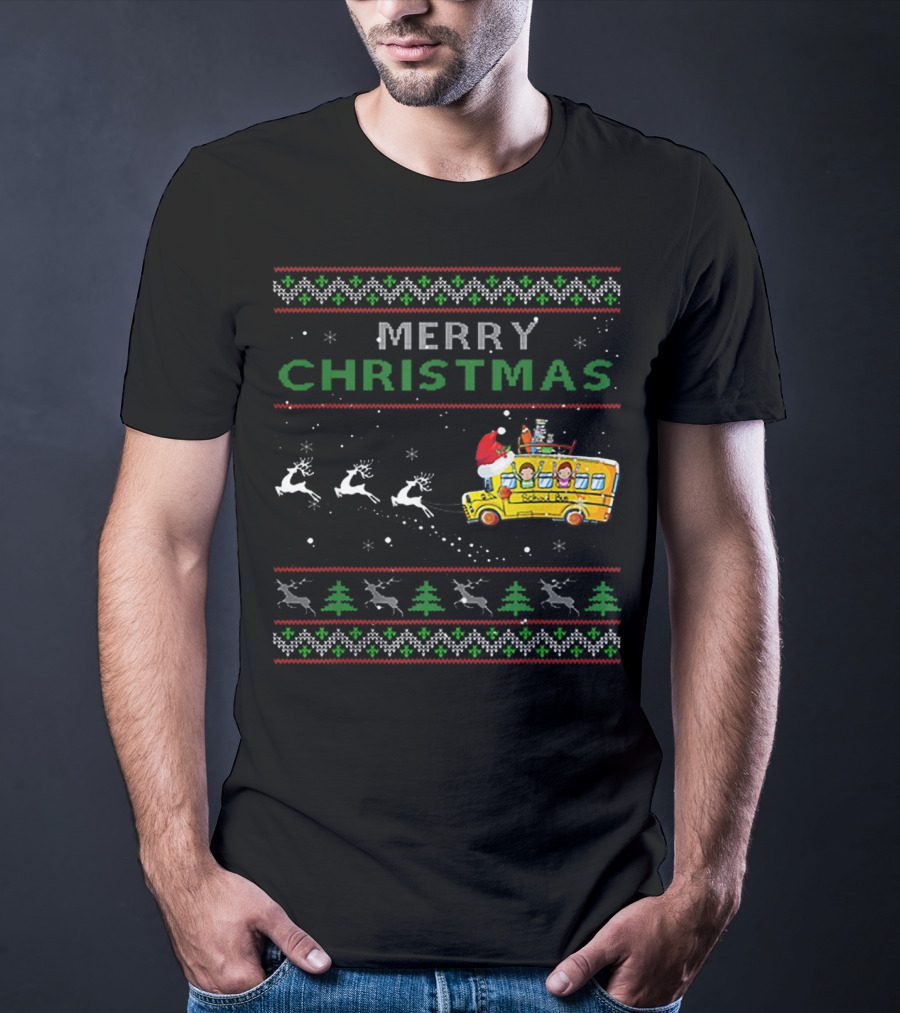 Merry Christmas School Bus Driver Santa And Reindeer Holiday T-Shirt