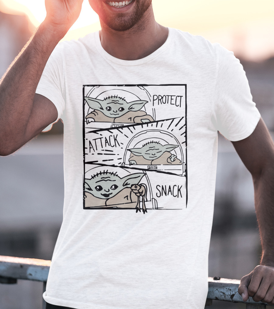 Star Wars Mandalorian Baby Yoda The Child Protect Attack Snack Comic Strip T-Shirt