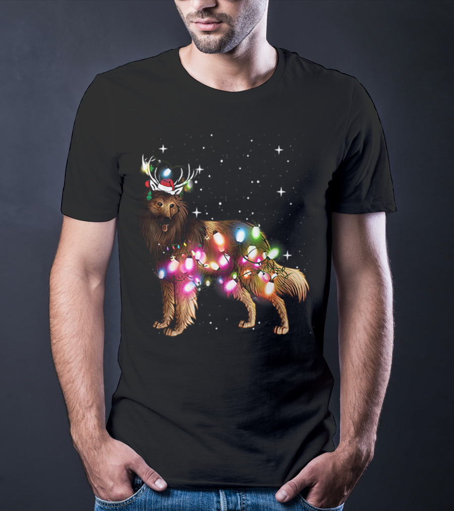 Belgian Tervuren In Santa Hat With Holiday Christmas Lights And Snowflakes T-Shirt