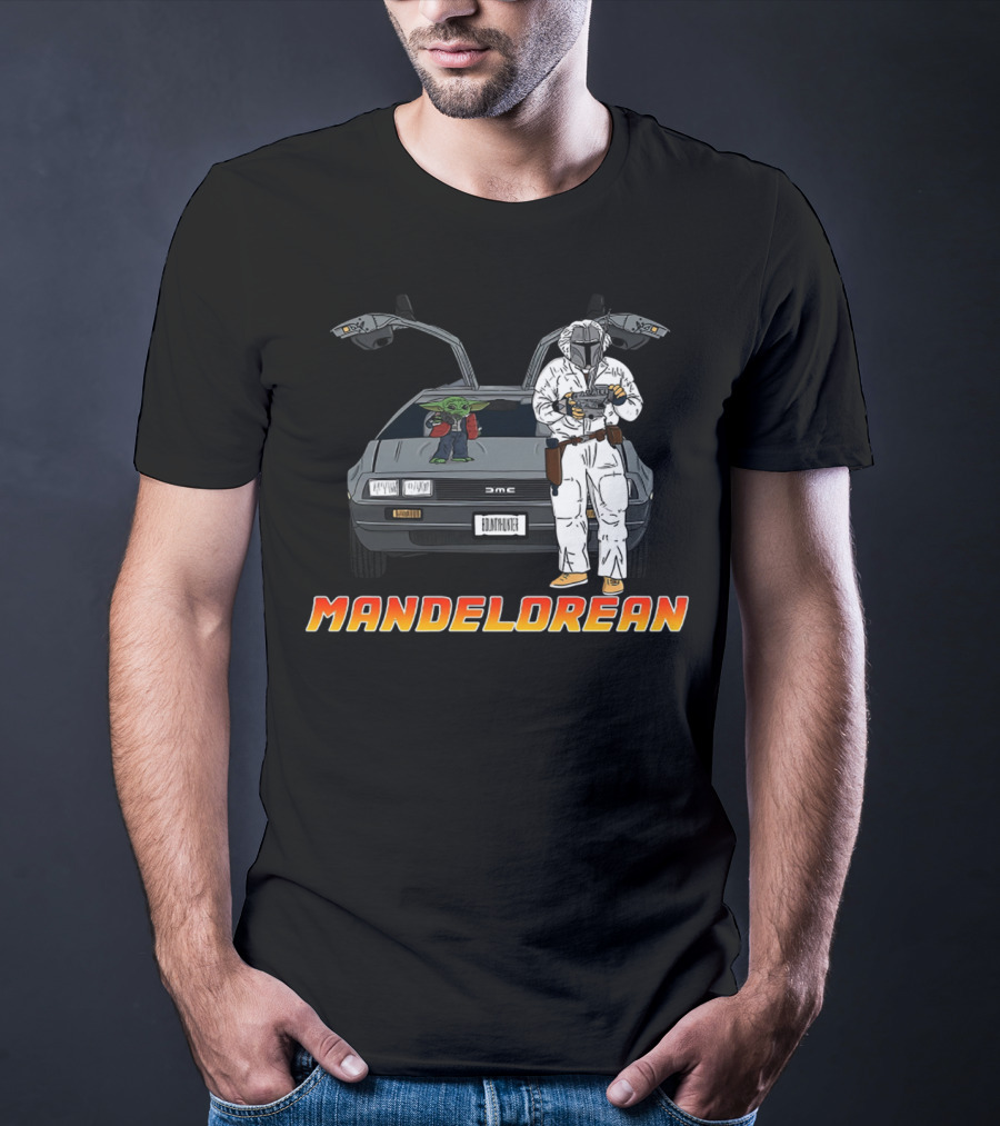 Mandelorean Baby Yoda And Boba Fett With DeLorean Car T-Shirt