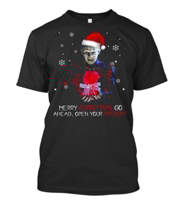 Merry Christmas Go Ahead Open Your Present Pinhead Santa Hat Snowflakes T-Shirt
