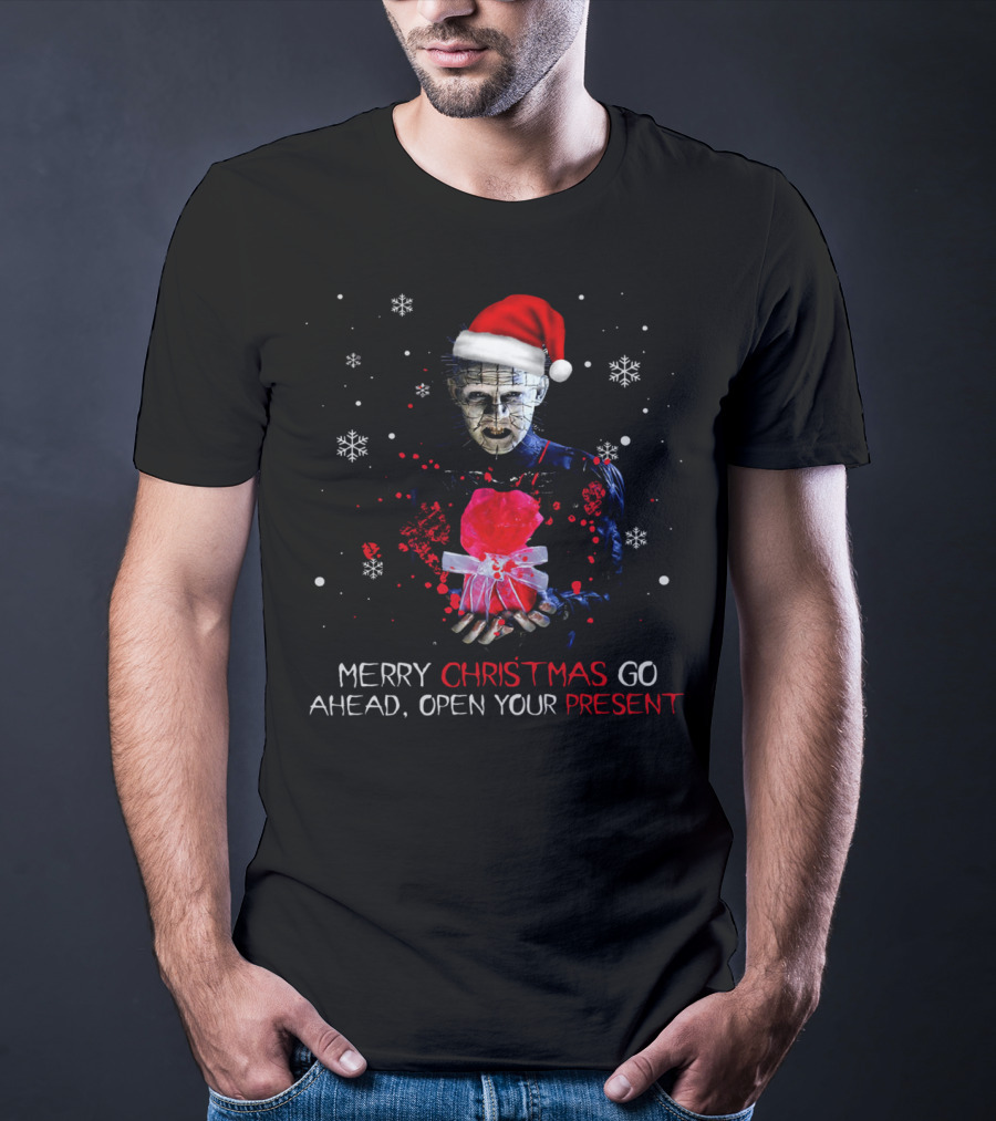 Merry Christmas Go Ahead Open Your Present Pinhead Santa Hat Snowflakes T-Shirt