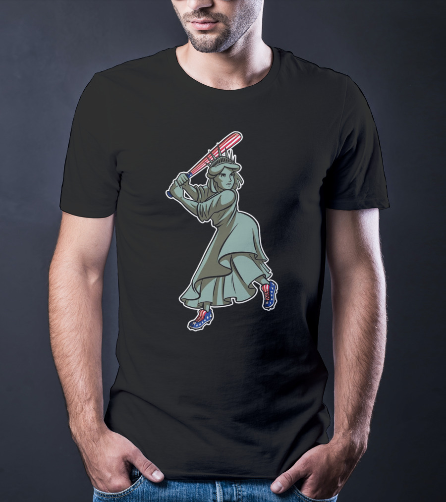 Liberty Statue Playing Baseball With American Flag Bat And Star-Spangled Shoes T-Shirt