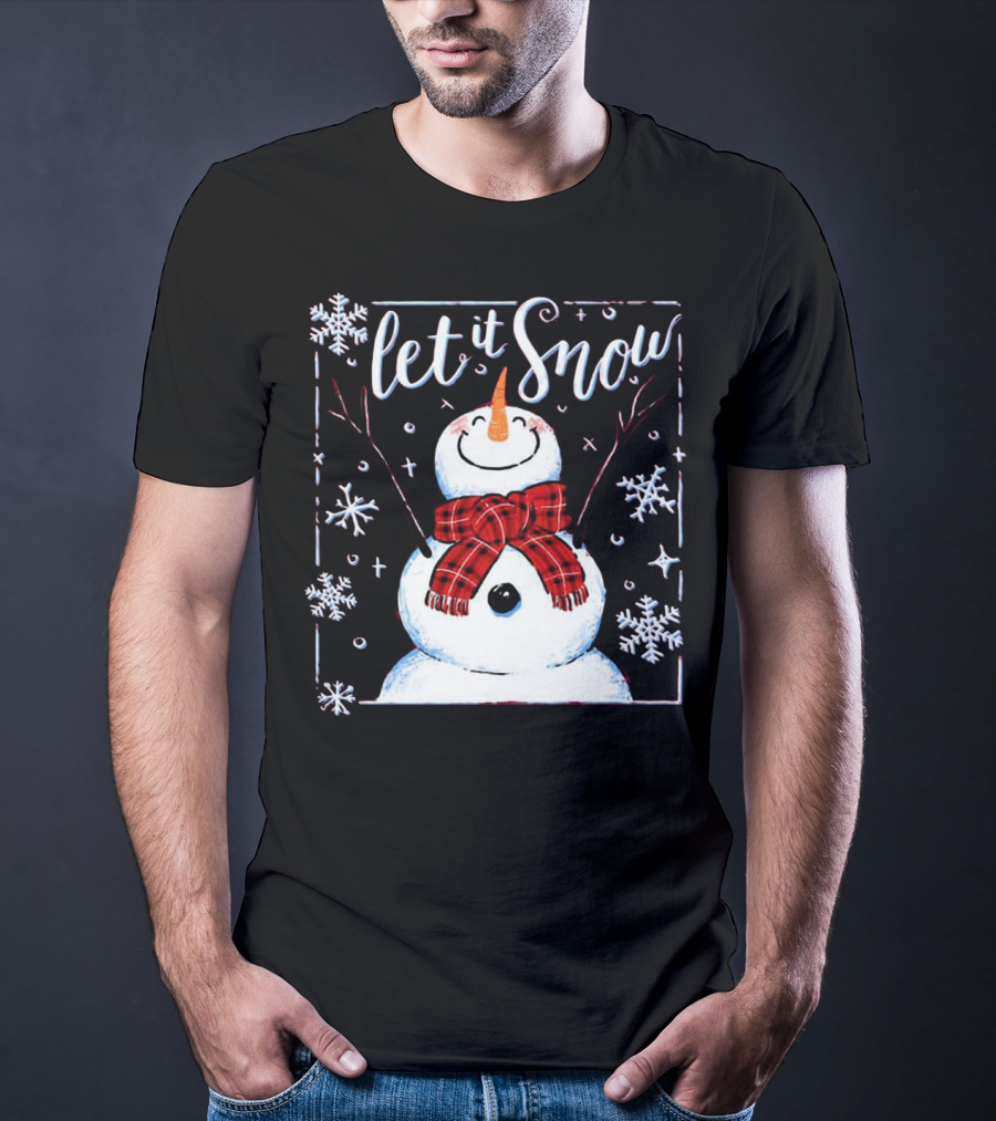 Let It Snow Santa Snowman With Scarf And Snowflakes T-Shirt