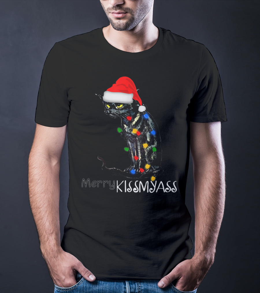 Merry Kissmyass Black Cat Santa Hat Christmas Lights T-Shirt