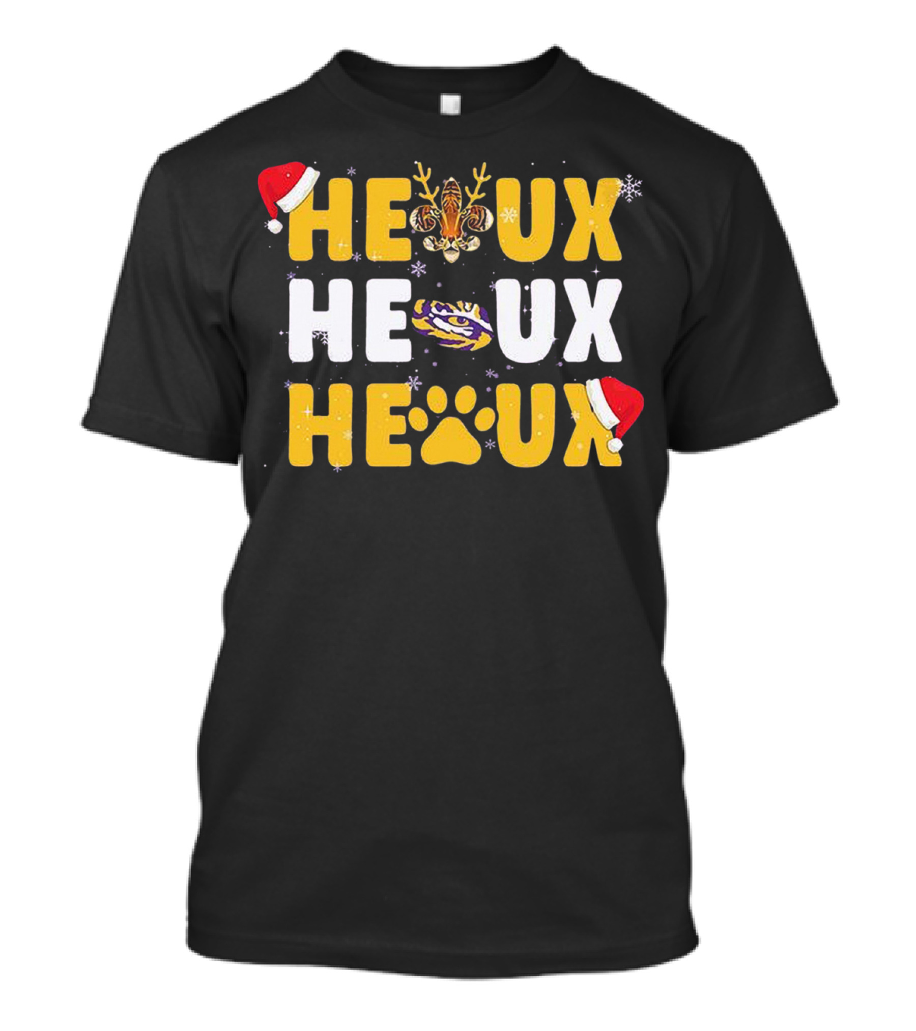 LSU Tigers Heaux Heaux Heaux Christmas Paw Snowflakes Antlers Santa Hat T-Shirt