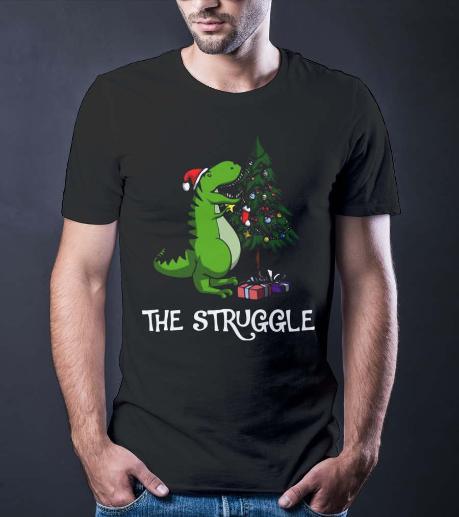 T Rex Dinosaur The Struggle With Christmas Tree T-Shirt