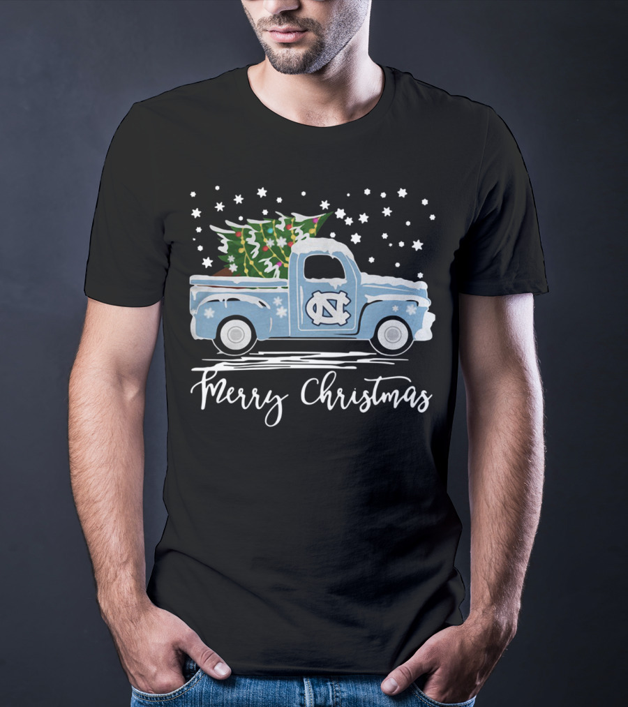North Carolina Tar Heels Merry Christmas Pickup Truck With Tree T-Shirt