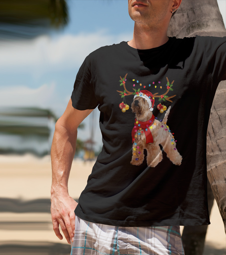 Christmas Wheaten Terrier With Santa Hat And Reindeer Antlers T-Shirt
